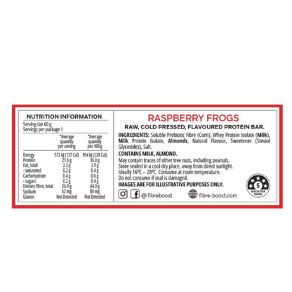 FIBRE BOOST Cold Pressed Protein Bar - Raspberry Frog Flavour 60g