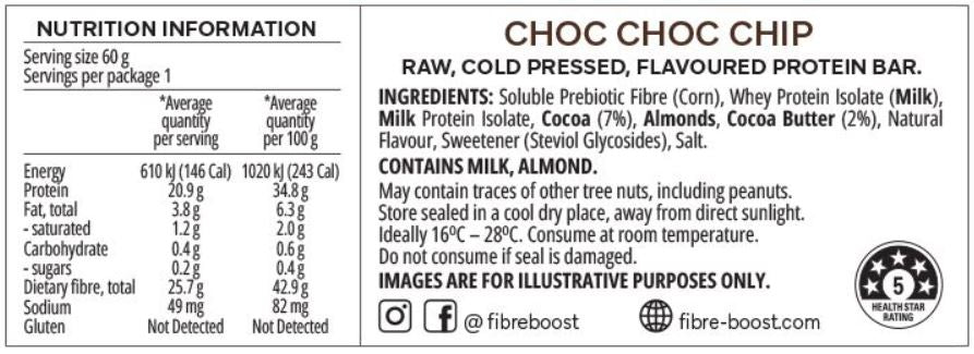 FIBRE BOOST Cold Pressed Protein Bar - Choc Choc Chip Flavour 60g