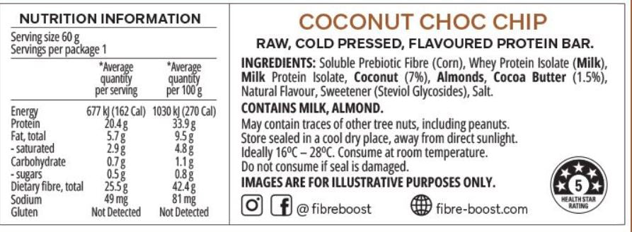 FIBRE BOOST Cold Pressed Protein Bar - Coconut Choc Chip Flavour 60g